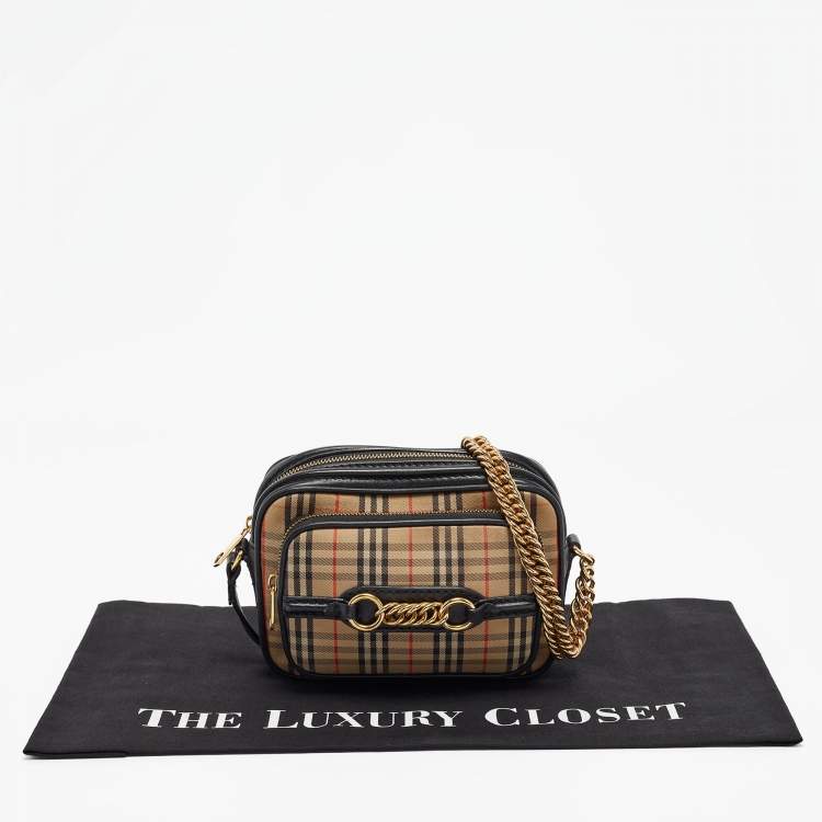 Pre Owned Burberry Black/Beige 1983 Knight Check Fabric and Leather Link Bum Belt Bag