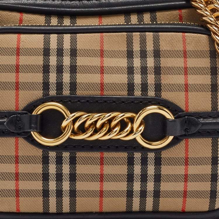 Pre Owned Burberry Black/Beige 1983 Knight Check Fabric and Leather Link Bum Belt Bag