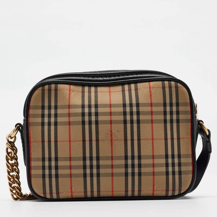 Pre Owned Burberry Black/Beige 1983 Knight Check Fabric and Leather Link Bum Belt Bag