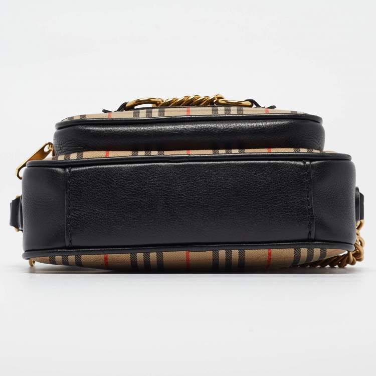 Pre Owned Burberry Black/Beige 1983 Knight Check Fabric and Leather Link Bum Belt Bag