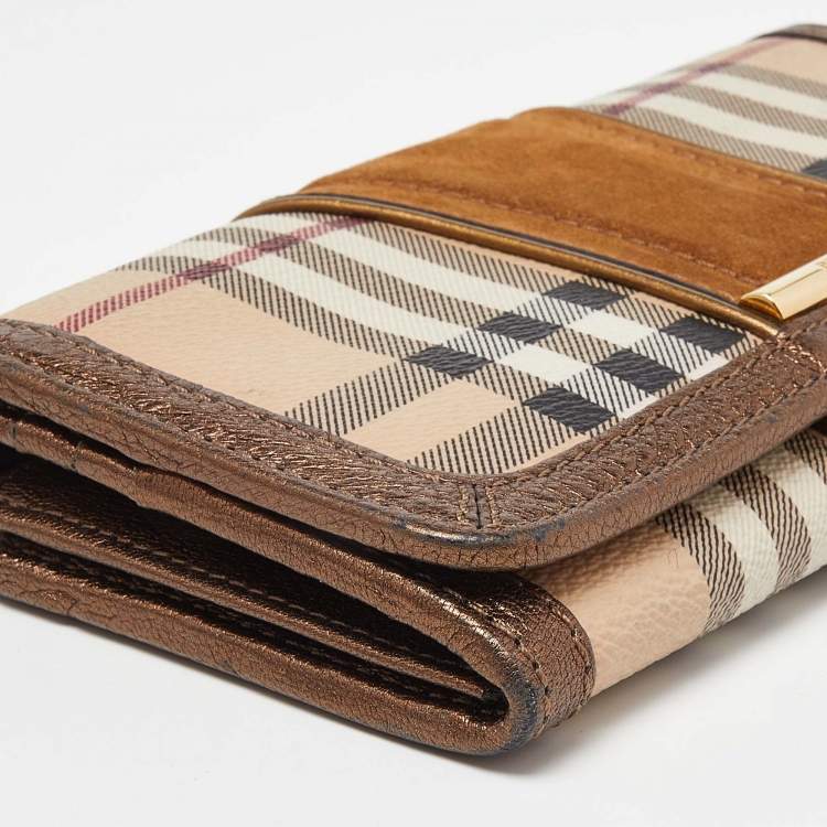 Pre Owned Burberry Beige/Metallic Nova Check PVC,Leather and Suede Flap Continental Wallet