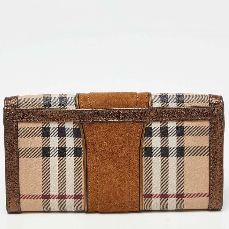 Pre Owned Burberry Beige/Metallic Nova Check PVC,Leather and Suede Flap Continental Wallet