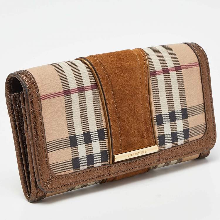 Pre Owned Burberry Beige/Metallic Nova Check PVC,Leather and Suede Flap Continental Wallet