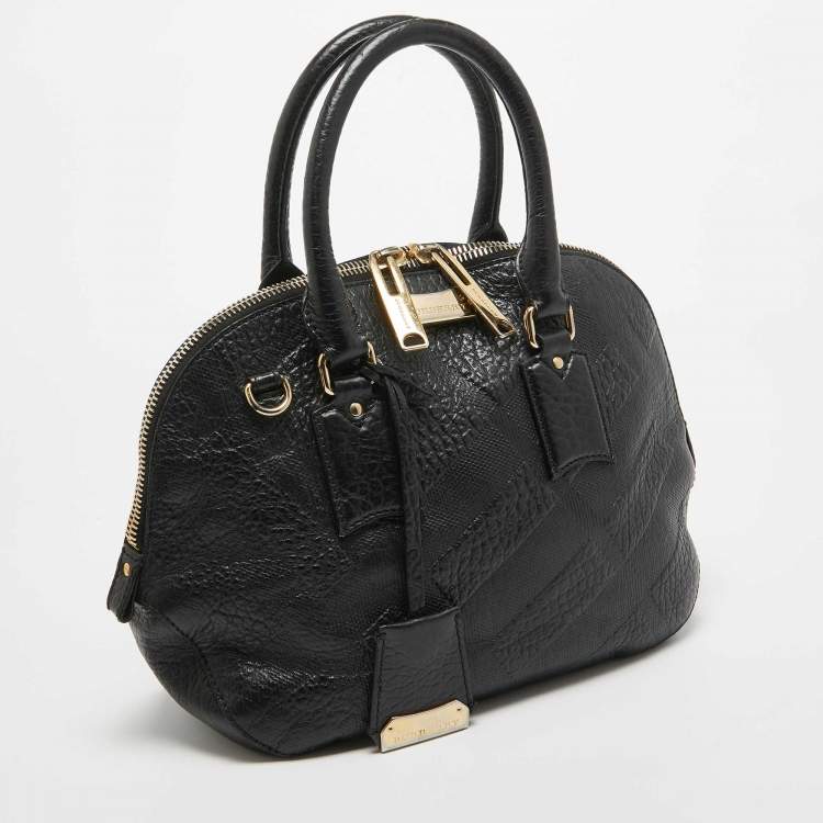 Pre Owned Burberry Black Heritage Check Embossed Leather Small Orchard Bowler Bag