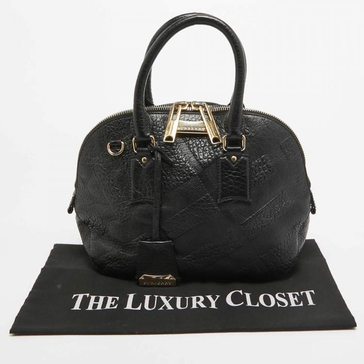 Pre Owned Burberry Black Heritage Check Embossed Leather Small Orchard Bowler Bag