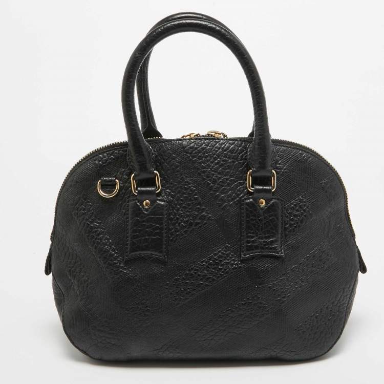 Pre Owned Burberry Black Heritage Check Embossed Leather Small Orchard Bowler Bag