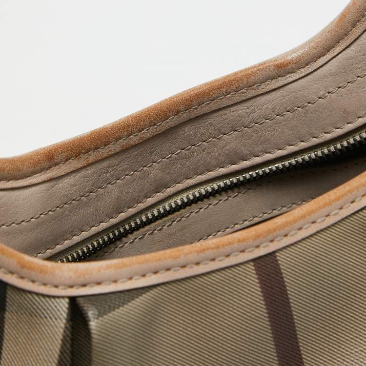 Pre Owned Burberry Smoked Check Coated Canvas and Leather Small Brooklyn Hobo