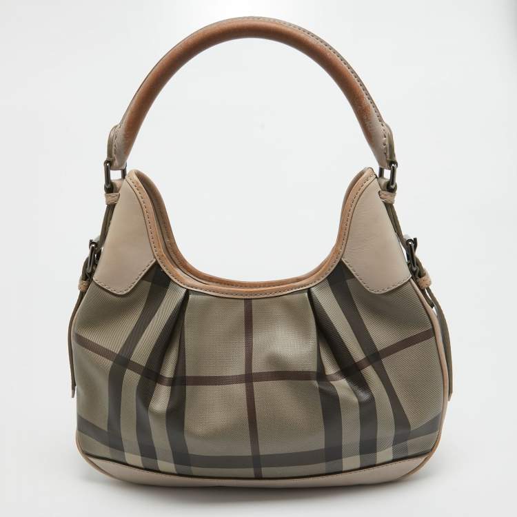 Pre Owned Burberry Smoked Check Coated Canvas and Leather Small Brooklyn Hobo