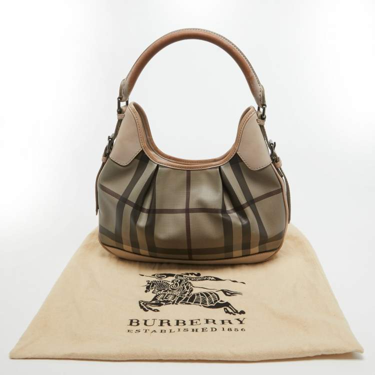 Pre Owned Burberry Smoked Check Coated Canvas and Leather Small Brooklyn Hobo