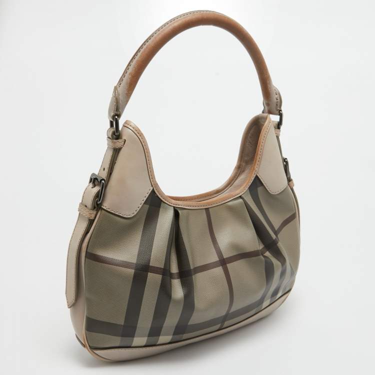 Pre Owned Burberry Smoked Check Coated Canvas and Leather Small Brooklyn Hobo