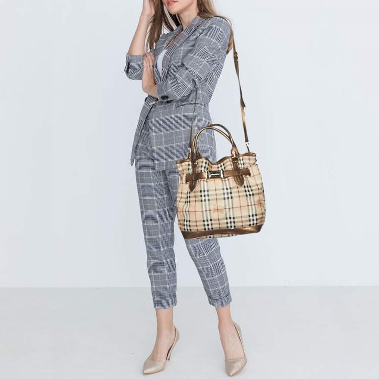 Pre Owned Burberry Beige/Metallic Haymarket Check Canvas and Leather Medium Golderton Tote