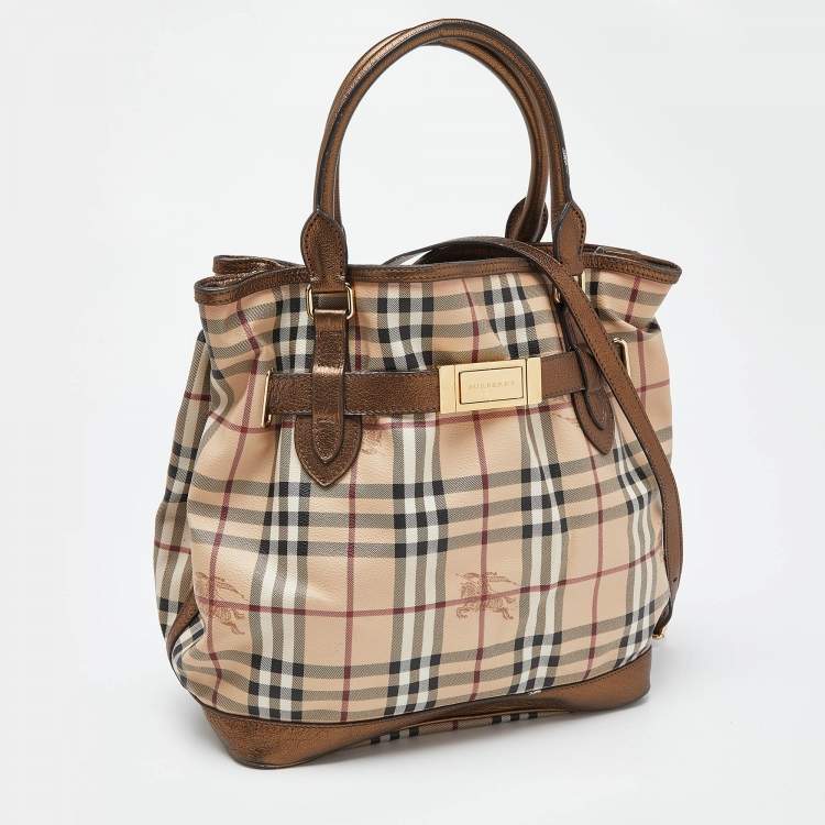 Pre Owned Burberry Beige/Metallic Haymarket Check Canvas and Leather Medium Golderton Tote