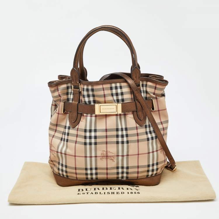 Pre Owned Burberry Beige/Metallic Haymarket Check Canvas and Leather Medium Golderton Tote