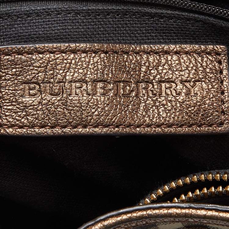 Pre Owned Burberry Beige/Metallic Haymarket Check Canvas and Leather Medium Golderton Tote