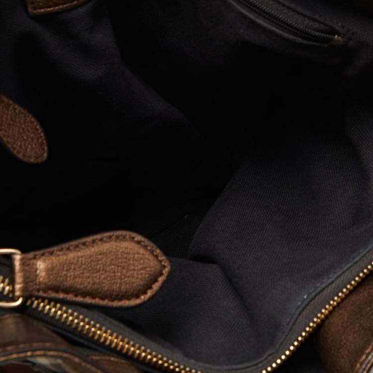 Pre Owned Burberry Beige/Metallic Haymarket Check Canvas and Leather Medium Golderton Tote