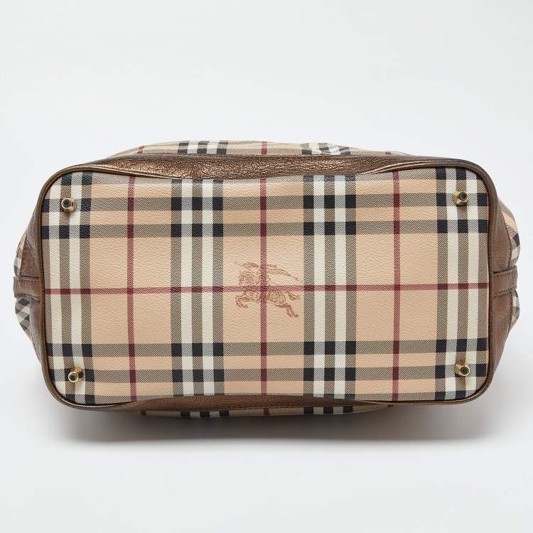 Pre Owned Burberry Beige/Metallic Haymarket Check Canvas and Leather Medium Golderton Tote