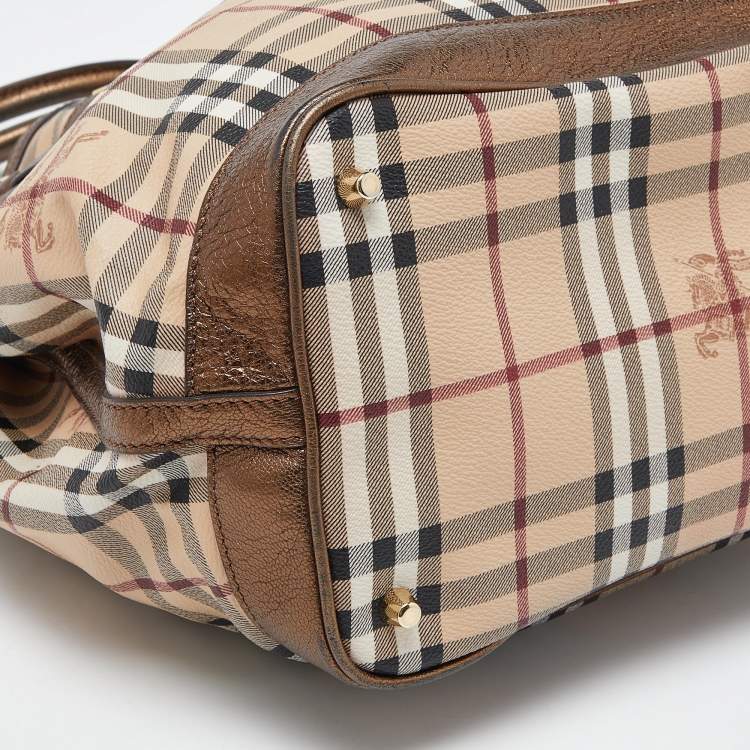Pre Owned Burberry Beige/Metallic Haymarket Check Canvas and Leather Medium Golderton Tote