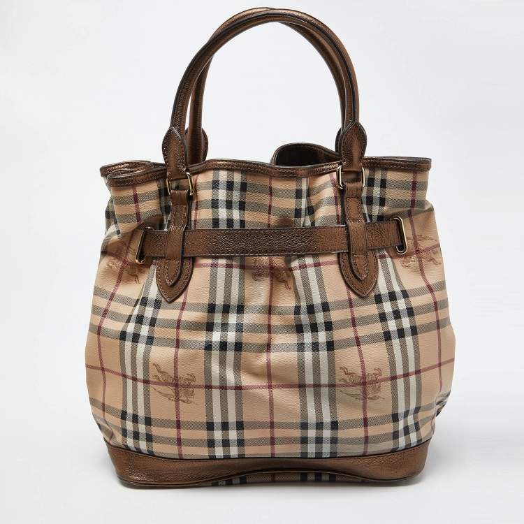 Pre Owned Burberry Beige/Metallic Haymarket Check Canvas and Leather Medium Golderton Tote