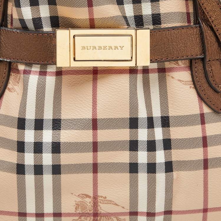 Pre Owned Burberry Beige/Metallic Haymarket Check Canvas and Leather Medium Golderton Tote