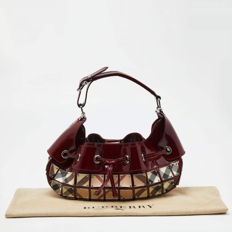 Pre Owned Burberry Red/Beige Super Nova Check Mini Warrior Studded Hobo