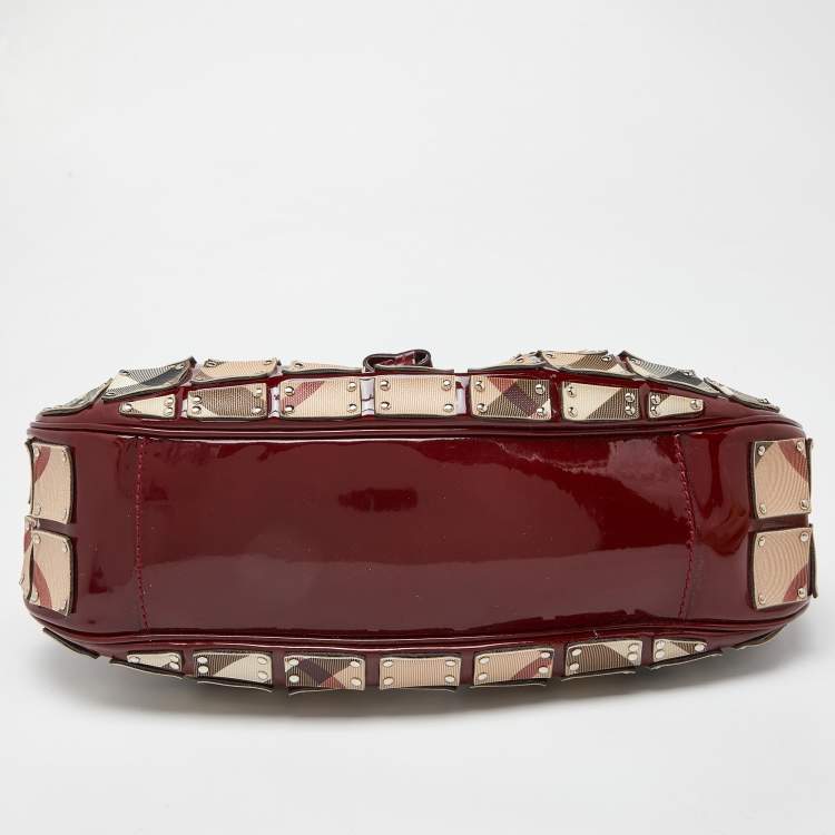 Pre Owned Burberry Red/Beige Super Nova Check Mini Warrior Studded Hobo