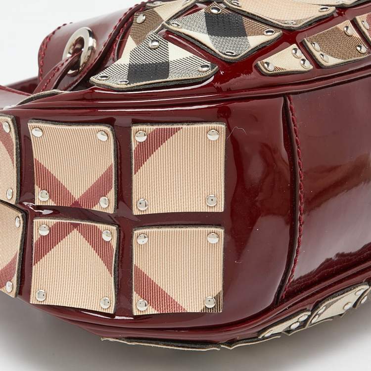 Pre Owned Burberry Red/Beige Super Nova Check Mini Warrior Studded Hobo