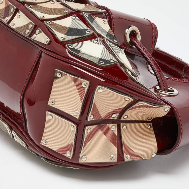 Pre Owned Burberry Red/Beige Super Nova Check Mini Warrior Studded Hobo