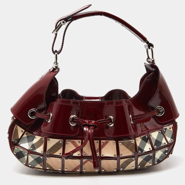 Pre Owned Burberry Red/Beige Super Nova Check Mini Warrior Studded Hobo