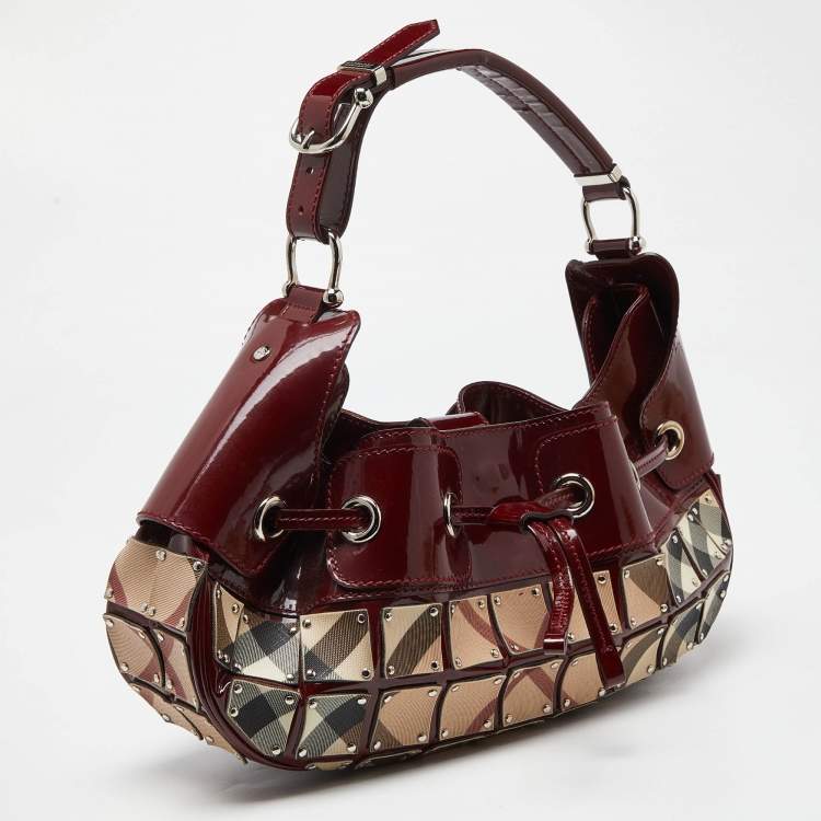 Pre Owned Burberry Red/Beige Super Nova Check Mini Warrior Studded Hobo