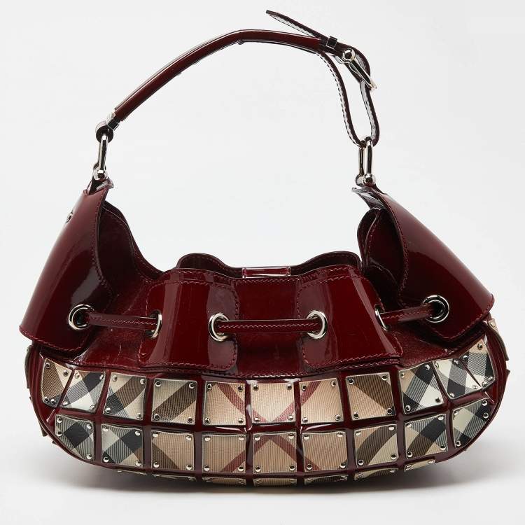 Pre Owned Burberry Red/Beige Super Nova Check Mini Warrior Studded Hobo