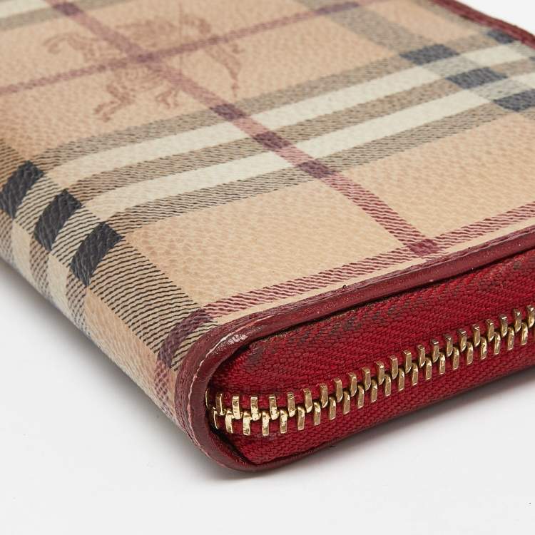 Pre Owned Burberry Beige/Red Haymarket Check Coated Canvas Zip Around Wallet