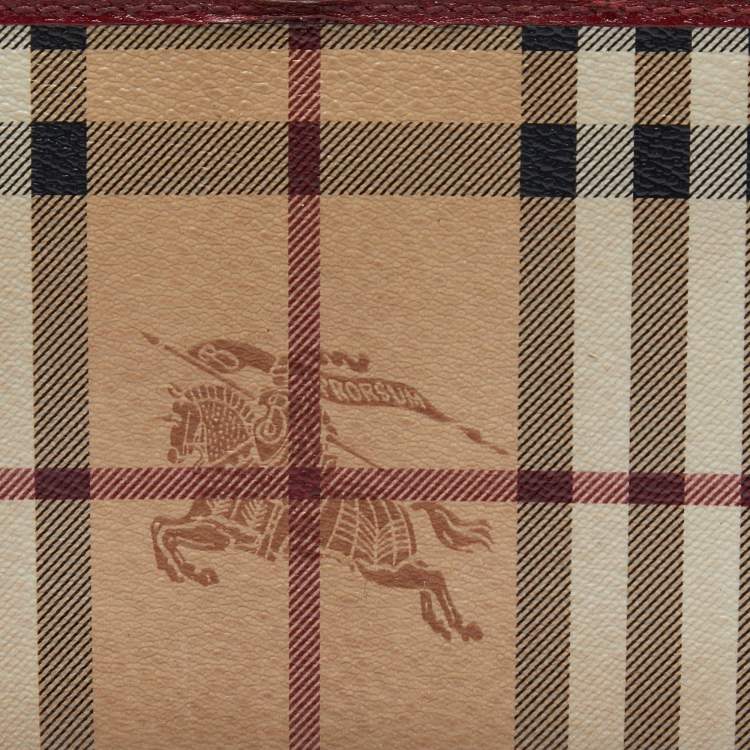 Pre Owned Burberry Beige/Red Haymarket Check Coated Canvas Zip Around Wallet