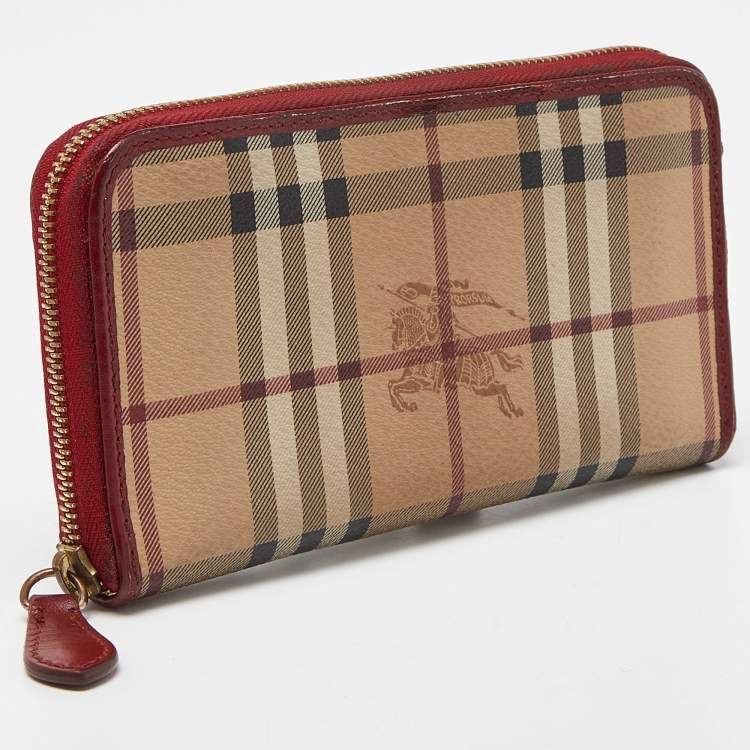 Pre Owned Burberry Beige/Red Haymarket Check Coated Canvas Zip Around Wallet