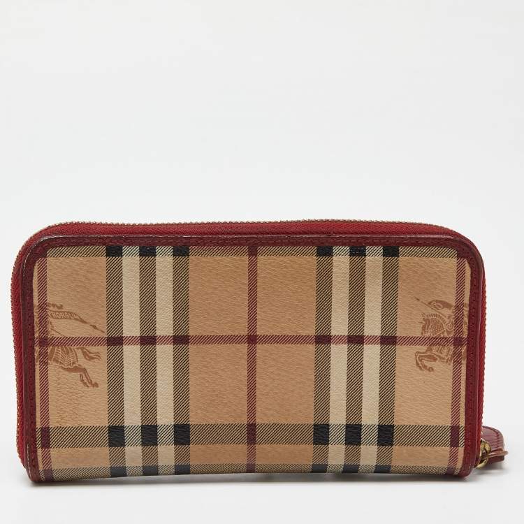 Pre Owned Burberry Beige/Red Haymarket Check Coated Canvas Zip Around Wallet