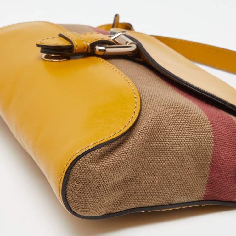 Pre Owned Burberry Beige/Yellow House Check Canvas and Leather Shoulder Bag