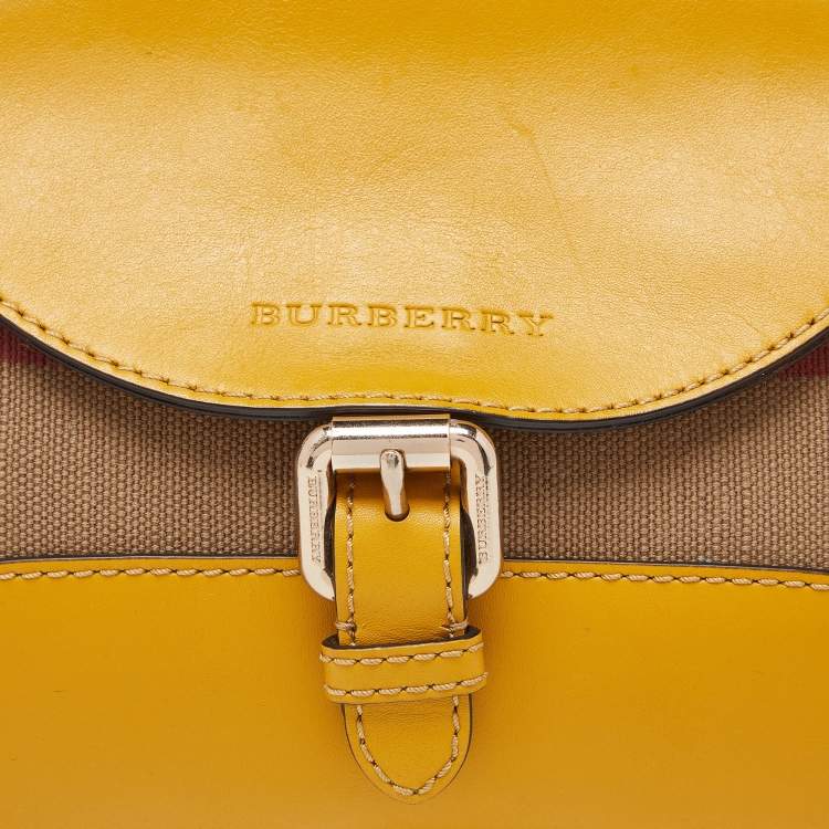 Pre Owned Burberry Beige/Yellow House Check Canvas and Leather Shoulder Bag