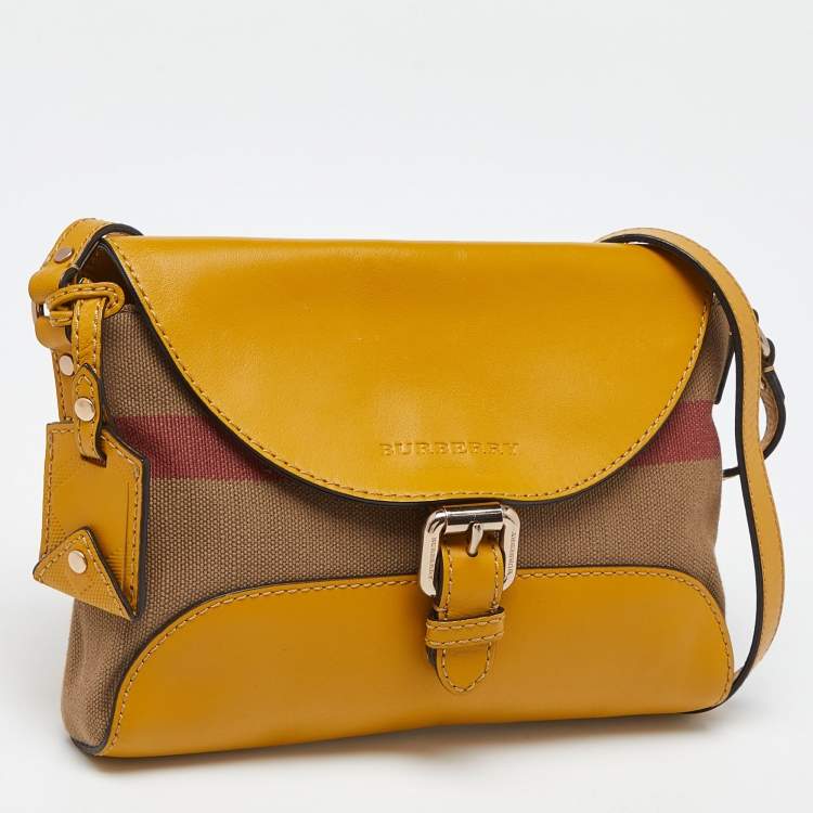Pre Owned Burberry Beige/Yellow House Check Canvas and Leather Shoulder Bag