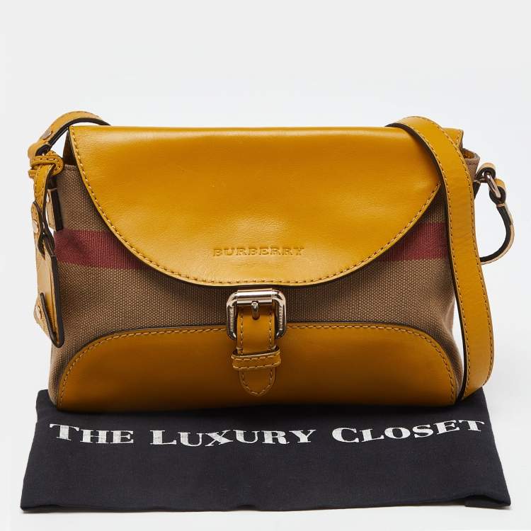 Pre Owned Burberry Beige/Yellow House Check Canvas and Leather Shoulder Bag