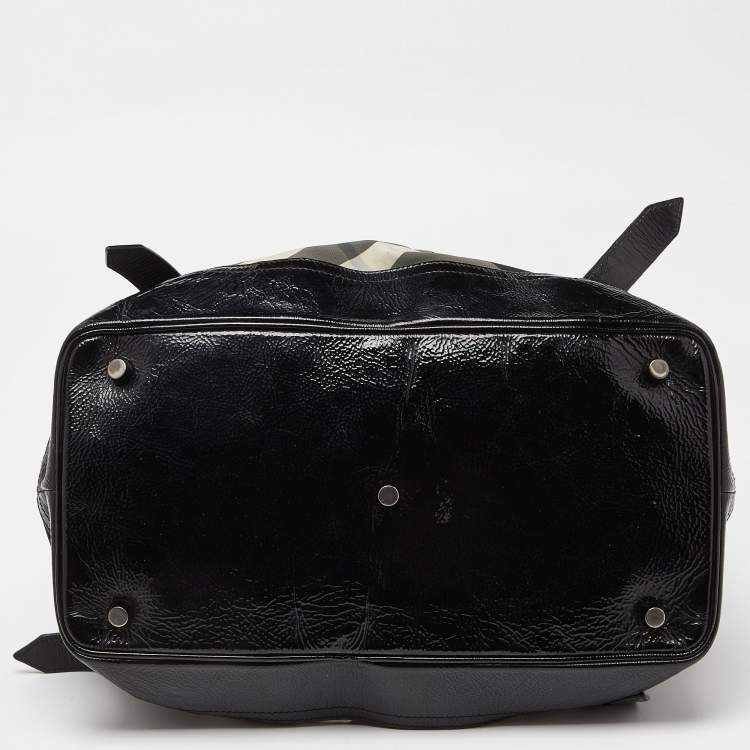 Pre Owned Burberry Black/Grey Beat Check Canvas and Patent Leather Lowry Tote