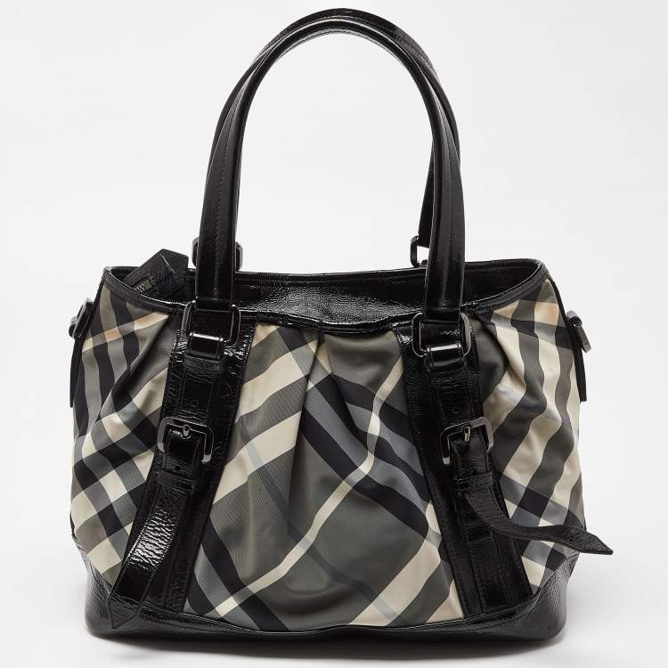 Pre Owned Burberry Black/Grey Beat Check Canvas and Patent Leather Lowry Tote