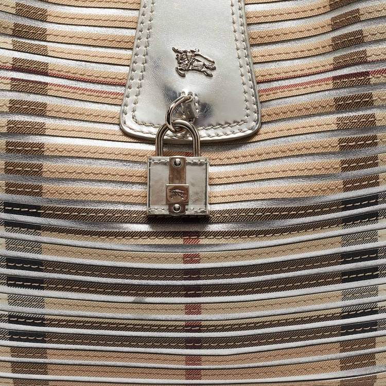 Pre Owned Burberry Silver/Beige House Check Coated Canvas and Patent Leather Brooke Hobo