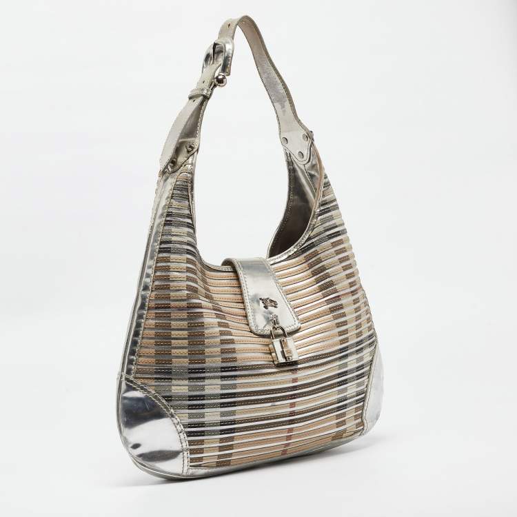 Pre Owned Burberry Silver/Beige House Check Coated Canvas and Patent Leather Brooke Hobo
