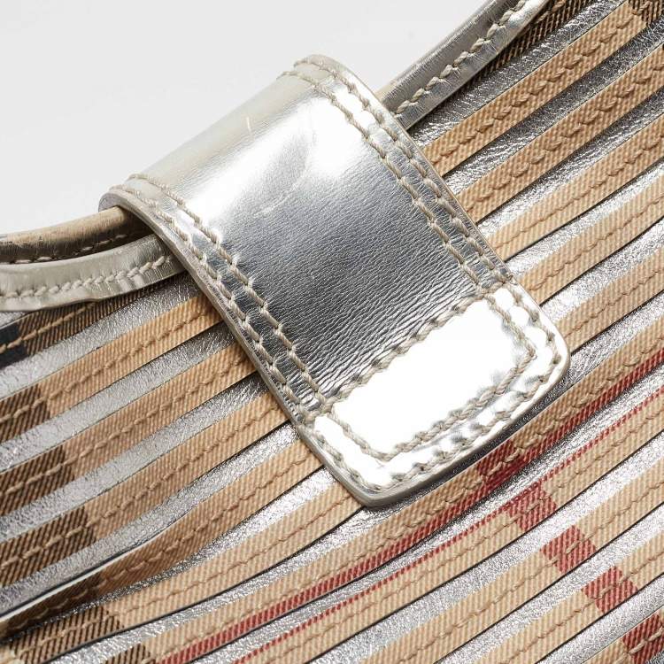 Pre Owned Burberry Silver/Beige House Check Coated Canvas and Patent Leather Brooke Hobo