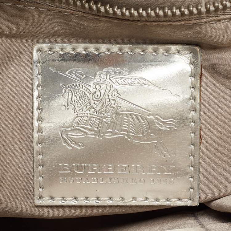 Pre Owned Burberry Silver/Beige House Check Coated Canvas and Patent Leather Brooke Hobo