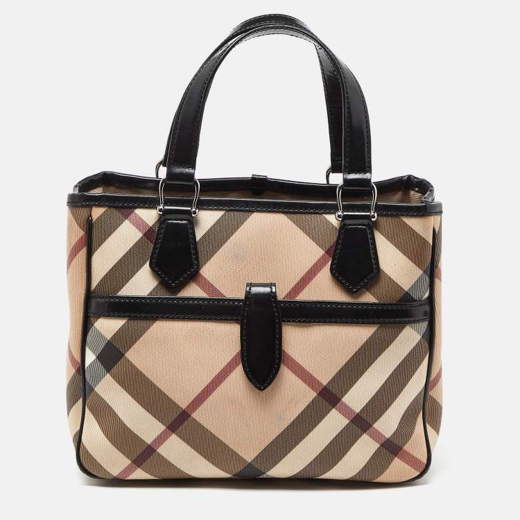 Pre Owned Burberry Beige/Black Super Nova Check PVC and Patent Leather Tote