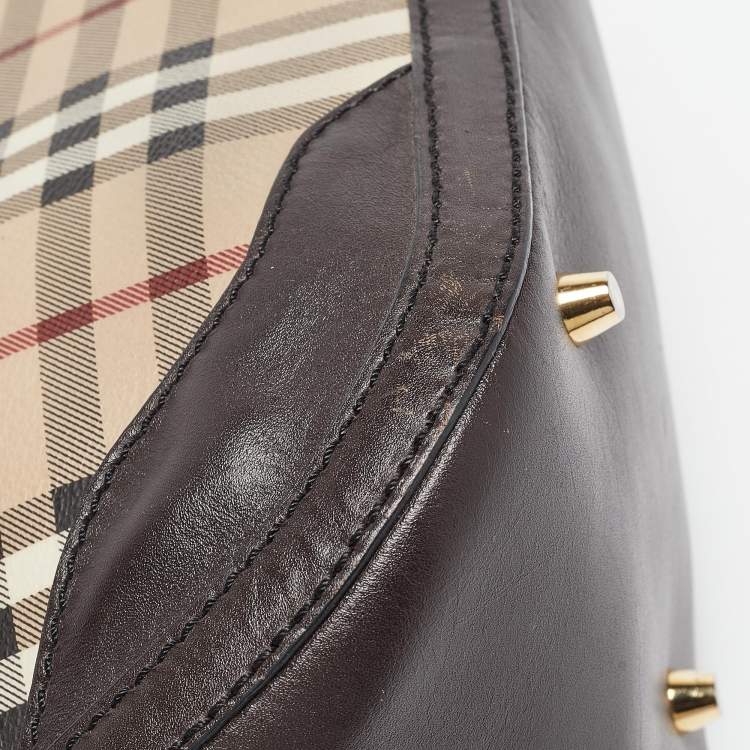 Pre Owned Burberry Beige/Dark Brown House Check Coated Canvas and Leather Orchard Bag
