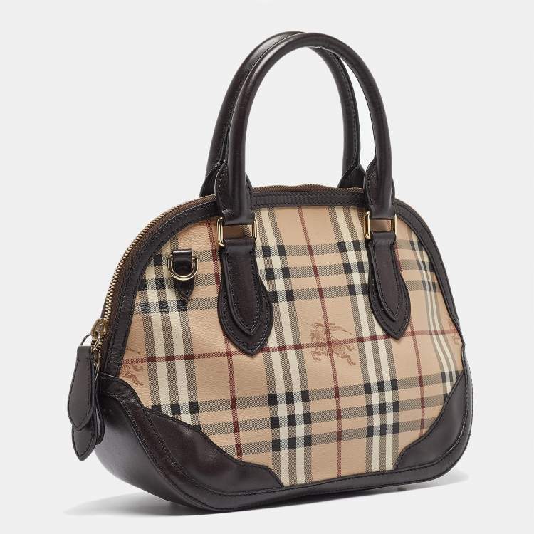 Pre Owned Burberry Beige/Dark Brown House Check Coated Canvas and Leather Orchard Bag