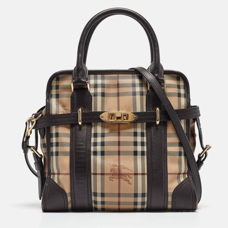 Pre Owned Burberry Choco Brown/Beige Haymarket Check Coated Canvas and Leather Minford Satchel