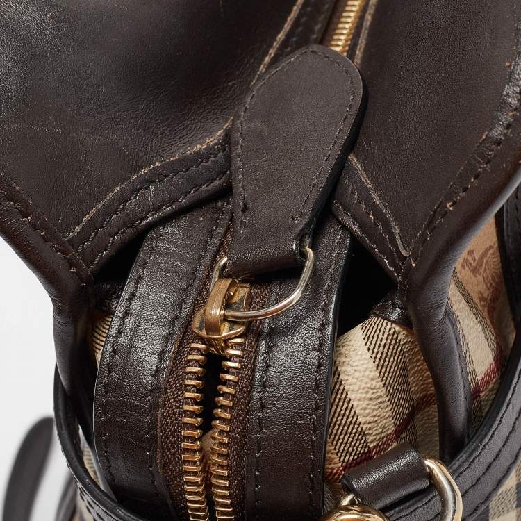 Pre Owned Burberry Choco Brown/Beige Haymarket Check Coated Canvas and Leather Minford Satchel