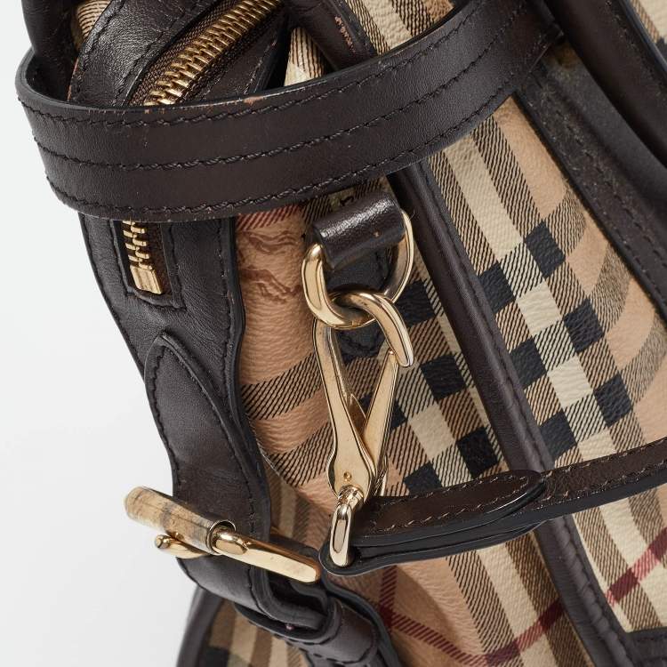 Pre Owned Burberry Choco Brown/Beige Haymarket Check Coated Canvas and Leather Minford Satchel